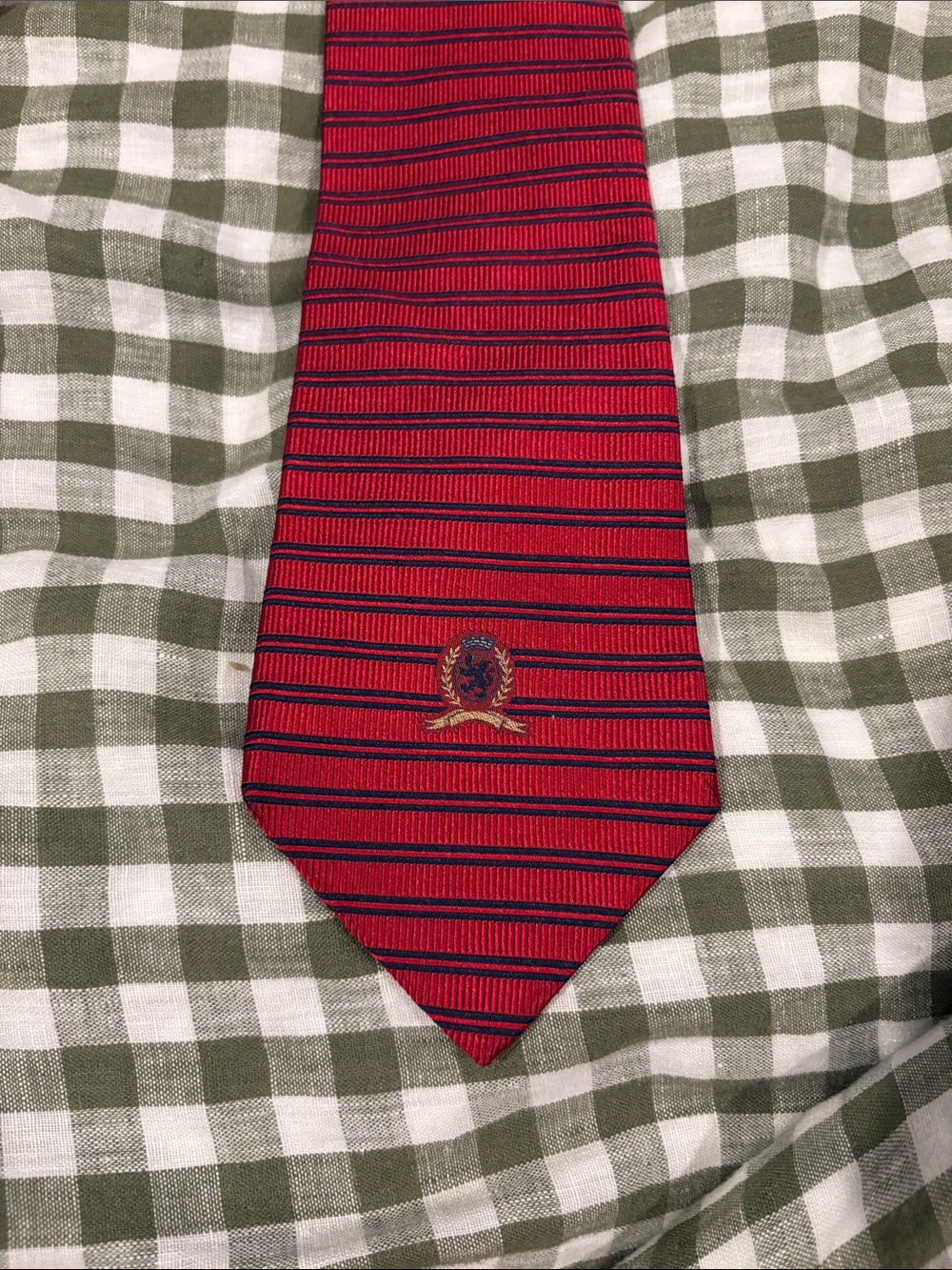 Men's Red Striped Silk Tie with Crest Tommy Hilfiger
